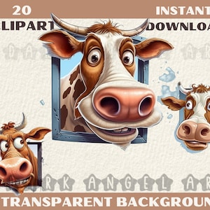 20 PNG Funny cows head outside the window clipart, Transparent background, Card Making JPG digital art, instant download commercial use