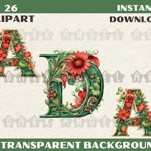 26 PNG Green Christmas Alphabet Clipart Christmas Letters Clip art Christmas Font png Xmas Noel Floral Alphabet Sublimation instant download