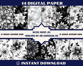 14 JPGs black and white flower background papers collection Digital Papers instant Download printable scrapbook paper JPG Commercial Use