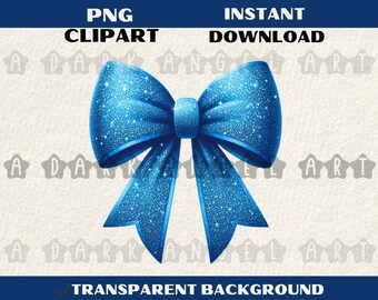 Laço de Glitter Azul PNG, Ilustração Digital Brilhante, Clipart de Fita Longa Elegante, PNG Transparente de Alta Qualidade para Sublimação e Artesanato