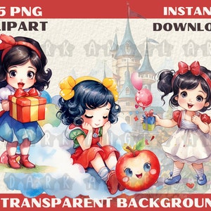 35 PNG lindo blanco nieve acuarela clipart JPG imprimible cuento de hadas princesa fantasía impresión niño niña cumpleaños invitación fiesta descarga digital