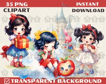 Imágenes prediseñadas de Blancanieves en acuarela, princesa de cuento de hadas (PNG, JPG, descarga digital)