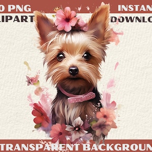 20 PNG Cute Yorkshire Terrier Puppy Watercolor Clipart, Junk Journaling Scrapbook, card making, printable dog clipart, POD, Instant download