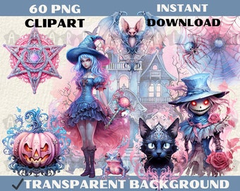 Pastel Spooky Halloween Clipart Bundle, Gothic Witch Design (PNG, JPG Digital Download)