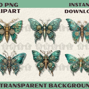 20 PNG Teal Green Steampunk Butterfly watercolour Clipart, Transparent background, Card Making, digital art instant download commercial use