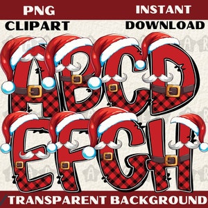 36 PNG Red Christmas Alphabet Clipart with hat, Christmas Letters Clip art Christmas Font png, X&#39;mas Alphabet Sublimation instant download