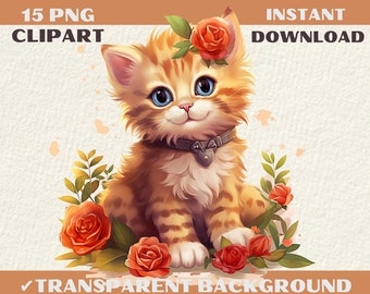 Watercolor Kitten Clipart, Cute Cat PNG, Junk Journal (Digital Download)