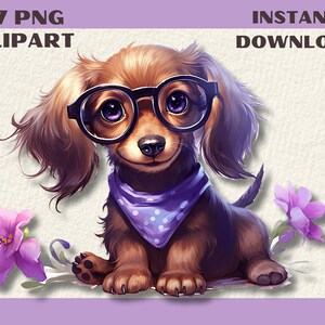 17 PNG Dackel Welpen Clipart, süße Wurst Hunde mit Sonnenbrille, Kinderzimmer Dekor Wandkunst, Kartengestaltung, digitale ClipArt, Sofortiger download