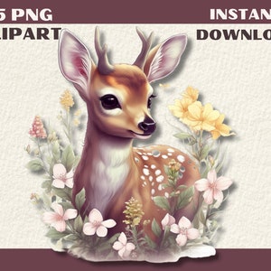 15 PNG Baby Deer Clipart, Cute Fawn Watercolour, Spring Floral Shower Graphics, Nursery Decor Wall Art, Woodland Animal, Instant download