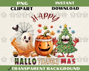 Feliz Hallothanksmas Png, Halloween Png, Christmas Png, Thanksgiving Png, Downloads de design de sublimação, POD Christmas design uso comercial