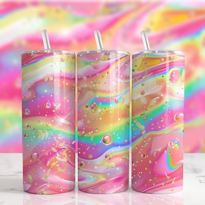 Rainbow Tumbler Wrap Marble Neon Colors and Gold Glitter 20oz Tumbler Sublimation Design PNG, Alcohol Ink Tumbler PNG File