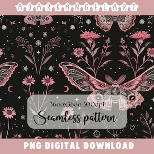 Night Garden seamless pattern PNG digital print file instant download dark Sublimation POD mystical moth magic witchy floral Commercial Use
