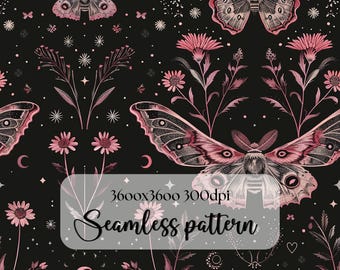 Night Garden seamless pattern PNG digital print file instant download dark Sublimation POD mystical moth magic witchy floral Commercial Use