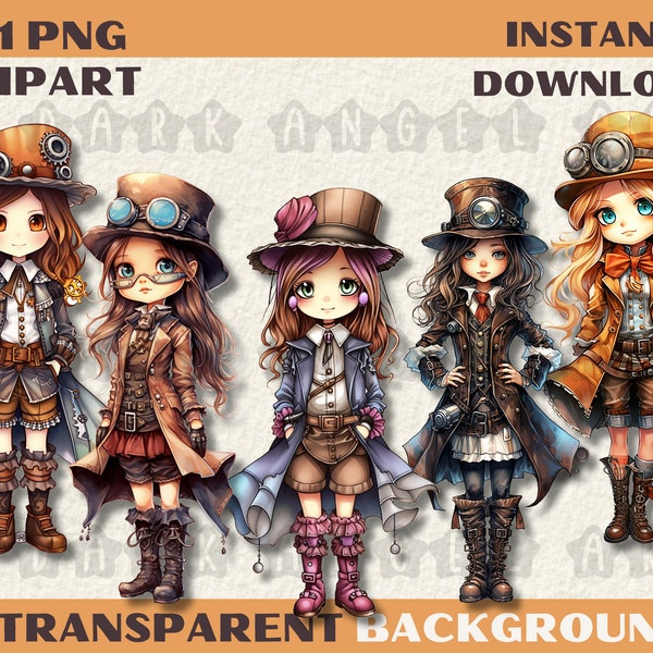 21 PNG cute Steampunk Girls Watercolour Clipart, Stickers, Scrapbooking, DIY crafts, Junk Journal, JPG Digital art, Download  Commercial Use