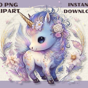 20 PNG Fairytale watercolor unicorns clipart, Instant download, rainbow clip art Card Making JPG digital art instant download commercial use