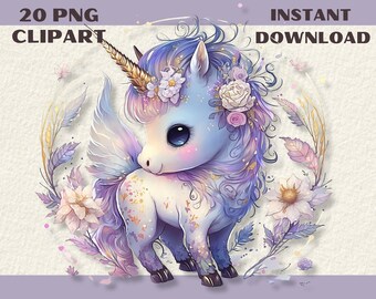20 PNG cuento de hadas acuarela unicornios clipart, descarga instantánea, arco iris clip art Tarjeta haciendo arte digital JPG descarga instantánea uso comercial