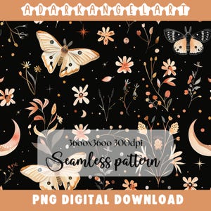 Night Garden seamless pattern PNG digital print file instant download dark Sublimation POD mystical moth magic witchy floral Commercial Use
