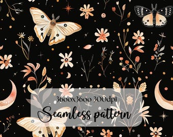 Night Garden seamless pattern PNG digital print file instant download dark Sublimation POD mystical moth magic witchy floral Commercial Use
