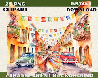 Aquarel Fiesta clipartbundel, transparante PNG JPG (digitale download)