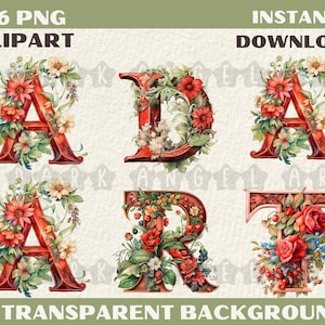 26 PNG Red Christmas Alphabet Clipart, Christmas Letters Clip art Christmas Font png, Xmas Noel Floral Alphabet Sublimation instant download