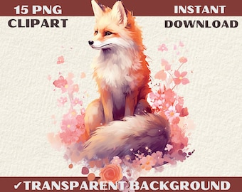 Watercolor Fox Clipart, Floral Fox, Scrapbook PNG (Digital Download)