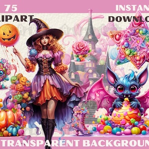 75 PNG watercolour Candyland witch Halloween clipart, Transparent background, Card Making JPG digital art, instant download commercial use