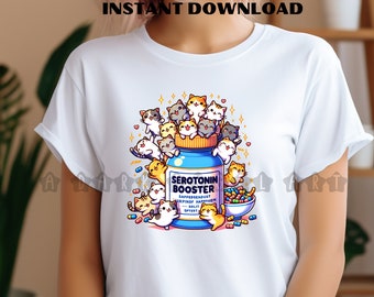 Arquivo PNG de impulsionador de serotonina, arquivo PNG de camiseta gráfica de mãe de gato, design de sublimação de amante de gato, design digital de camisa de pílulas felizes
