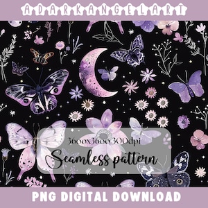 Night Garden seamless pattern PNG digital print file instant download dark Sublimation POD mystical moth magic witchy floral Commercial Use