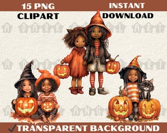 15 PNG African American cute girl witches watercolour clipart Transparent background Baby Shower Card Making JPG digital art, commercial use