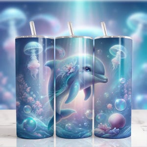 Cute Dolphin Tumbler PNG, Kawaii Dolphin Wrap for 20oz Skinny Tumbler, Funny Dolphin Sublimation Design, Watercolor Dolphin Cup PNG