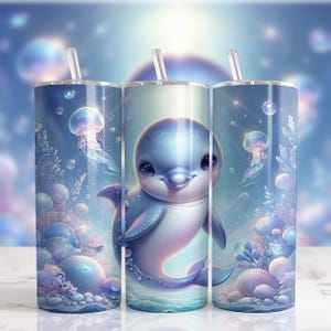 Cute Dolphin Tumbler PNG, Kawaii Dolphin Wrap for 20oz Skinny Tumbler, Funny Dolphin Sublimation Design, Watercolor Dolphin Cup PNG