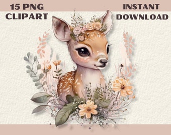Imágenes prediseñadas de cervatillos bebés en acuarela, cervatillo floral del bosque PNG (descarga digital)