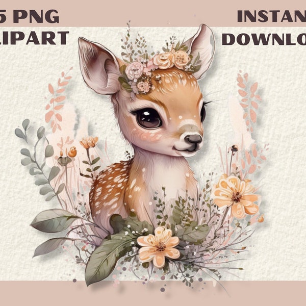 15 PNG Baby Deer watercolour clipart, Cute Fawn Baby Shower Floral Digital Image Printable Woodland Animal, Junk Journal, Instant download