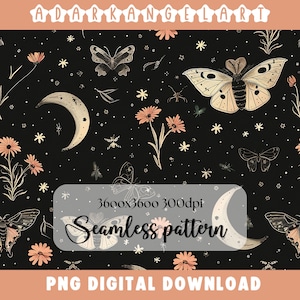 Night Garden seamless pattern PNG digital print file instant download dark Sublimation POD mystical moth magic witchy floral Commercial Use