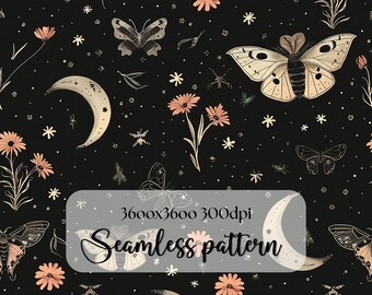 Night Garden Seamless Pattern: Mystical Moth, Floral Print (PNG Digital Download)