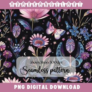 Night Garden seamless pattern PNG digital print file instant download dark Sublimation POD mystical moth magic witchy floral Commercial Use