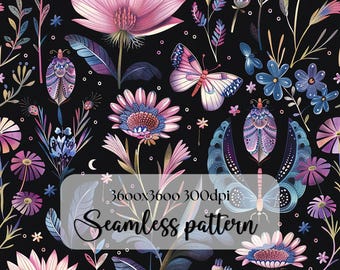 Night Garden Seamless Pattern: Mystical Floral PNG (Digital Download)