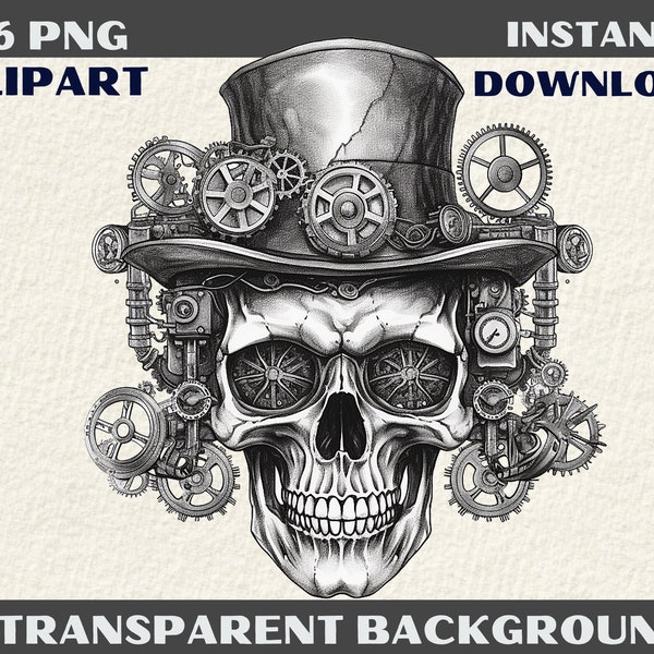16 PNG steampunk skull T shirt design Clipart Transparent background, JPG digital art Commercial use, POD, Instant download