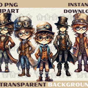 20 PNG lindos chicos Steampunk Acuarela Clipart, Pegatinas, Scrapbooking, Manualidades de bricolaje, Diario basura, Arte digital JPG, Descargar uso comercial