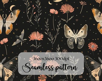 Night Garden seamless pattern PNG digital print file instant download dark Sublimation POD mystical moth magic witchy floral Commercial Use