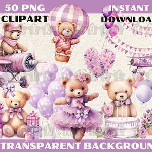 50 PNG aquarela roxo Teddy Bear clipart Fundo transparente Cartão de chá de bebê Fazendo arte digital JPG, download instantâneo para uso comercial