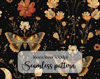 Night Garden seamless pattern PNG digital print file instant download dark Sublimation POD mystical moth magic witchy floral Commercial Use