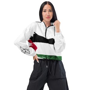 Palestine Flag & Keffiyah Print Women’s Cropped Windbreaker, Palestine Jacket, Free Palestine