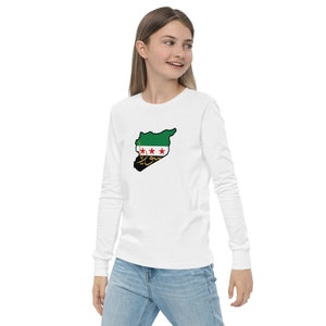 Mapa de la bandera de Siria Caligrafía árabe Camiseta gráfica juvenil de manga larga, Camiseta juvenil de Siria, Camiseta de manga larga de Siria