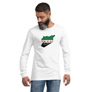 Mapa de la bandera de Siria Caligrafía árabe gráfico unisex camiseta de manga larga, camiseta de Siria, camisa de la bandera de Siria