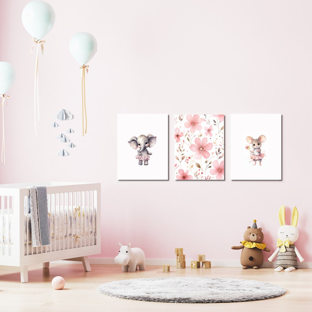 Bundle Nursery Wall Art, Pink Set of 3, Floral Canvas Print, Baby Room ...