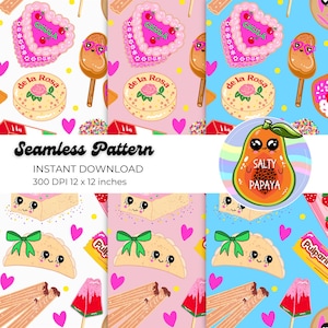 May include: A seamless pattern design featuring various Mexican sweets and treats. The design includes heart-shaped cakes, ice cream pops, and tacos with cute faces, along with the text "Seamless Pattern" and "Instant Download". The color palette includes pink, blue, and white.