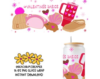 Valentines basics, Stanley cup png, uggs png, pink concha png, glass wrap, cup wrap, Valentine’s Day png, hearts png