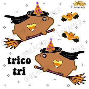 May include: A Halloween-themed illustration with two brown guinea pig characters riding broomsticks. They wear witch hats and have candy corn hearts. Two orange bats and the words "trico tri" are also included.