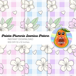 May include: A seamless pattern design featuring white plumeria flowers, hearts, and a grid pattern in pink, blue, and purple. The image includes the text "Palaka Plumeria Seamless Pattern" and a "Salty Papaya" logo. The design is 12 x 12 inches.